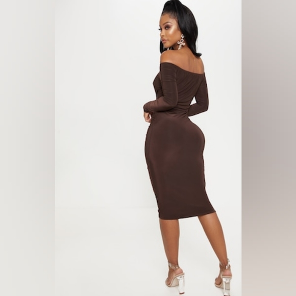 Pretty Little Thing Brown front cinch up midi dress - Picture 8 of 8